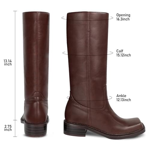 LeunDen Brown Banana Knee-High Boots for Women, Tall Riding Boots with Square Toe Low Chunky Heel Faux Leather Pull-On Campus Long Boots Size 10 - Thumbnail 4