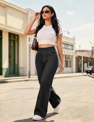 AVAMO Stretchy Jeans Wide Leg Jeans for Women Trendy Pull On High Waist Tummy Control Sweatpant Jean Denim Pants with Pockets Black - Thumbnail 2