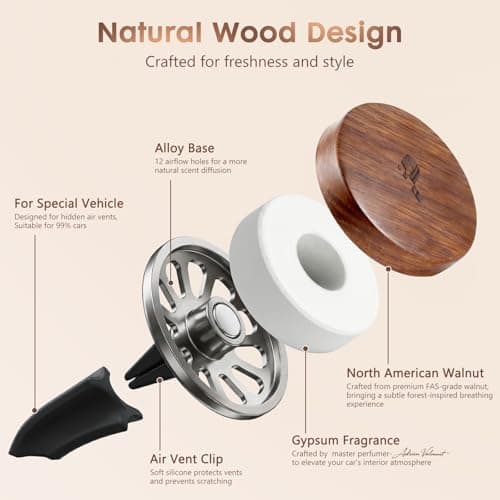 PERPOTAO Wooden Car Air Freshener Vent Clip, Refillable Essential Oil Diffuser with Long-Lasting Natural Scent, North American Walnut & Metal Auto Deodorizer, Includes 2 Clips + 4 Plaster Refills - Thumbnail 5