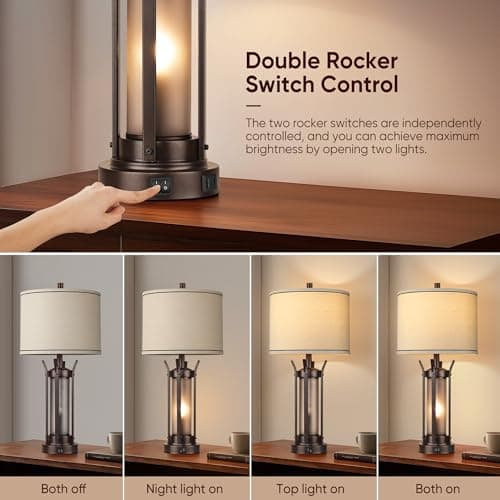 QiMH Farmhouse Table Lamps Set of 2 for Living Room, Beside Lamps for Bedroom with USB A+C Charging Ports, Rustic Nightstand Lamp with Frosted Glass Night Light, 4 Bulbs Included (Oil Rubbed Bronze) - Thumbnail 2