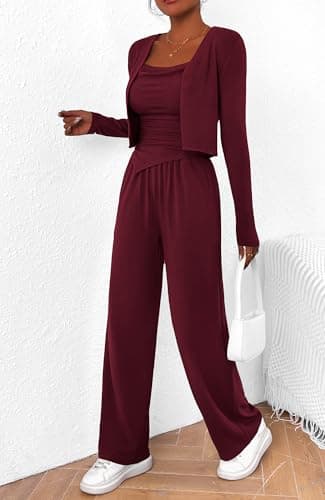 BTFBM Women's Fall Lounge Sets 3 Piece Outfit Tracksuits Casual Long Sleeve Tops High Waisted Sweatpants Set(Wine Red,X-Large) - Thumbnail 4