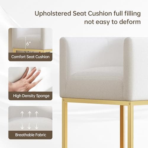 Styecofur Counter Height Bar Stools Set of 3, White and Gold Bar Stools, 26" Modern Barrel Counter Stools with Backrest and Arms, Linen Fabric Upholstered & Metal Base, for Kitchen Island and Bar - Thumbnail 5