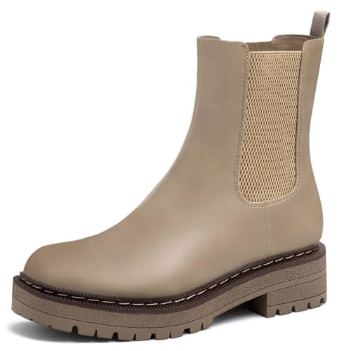 Athlefit Chelsea Boots Women Platform Ankle Boots for Women Lug Sole Round Toe Fashion Low Heel Short Booties Khaki Size 8.5 - Image 1