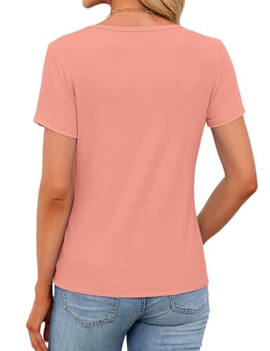 Womens Short Sleeve Shirts Stretchy Henley T Shirts Summer Tops 2026 Scoop Neck Casual Ribbed Knit Fitted Casual Basic Top T-Shirts Coral L - Thumbnail 5