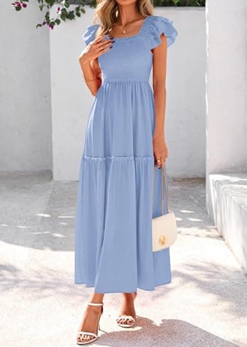 KIRUNDO Smocked Summer Dresses for Women 2026 Wedding Guest Midi Flowy Ruffle Short Sleeve Square Neck Tiered Sundress(Baby Blue, Medium) - Thumbnail 4