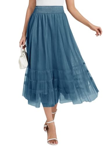 Casly Lamiit Skirts for Women Midi Tulle Skirt Long Skirt Spring Skirts Smocked High Waist Skirt Flowy Skirt Dressy Blue S - Image 1