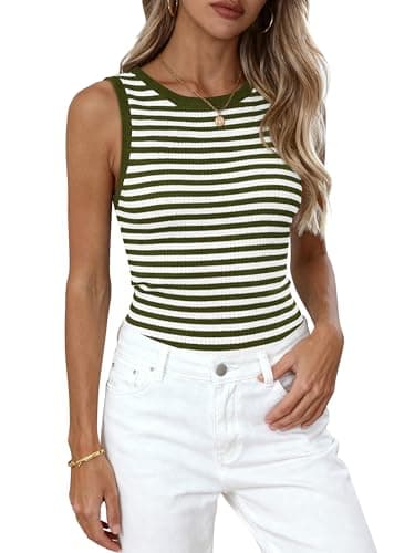 PRETTYGARDEN Summer High Neck Striped Tank Tops for Women Casual Sleeveless Sweaters Basic Ribbed Knit Slim Fitted Shirts(Striped Army Green,XX-Large) - Image 1