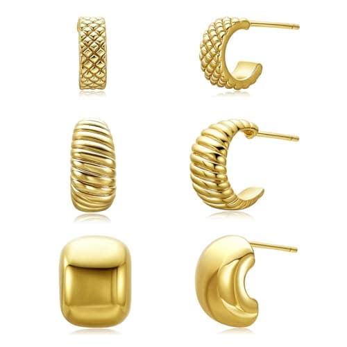 PerogeerJew 3Pairs Small Gold Huggie Hoop Earrings for Women, 14K Gold Plated Tiny Thick Hoops Dainty Earring Set for Multiple Piercing, Lightweight Open Chunky Hoops Trendy - Image 1