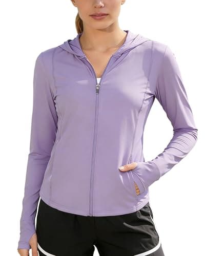 AGVNG Womens UPF 50+ Long Sleeve Hooded Sun Jackets Lightweight Sun Protection Clothing SPF Cooling Shirts Workout Athletic Hiking Running Tops Thumb Hole Purple L - Image 1