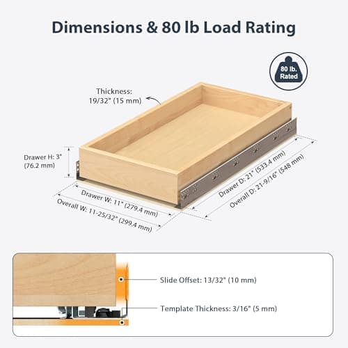 Sylunawyn Pull Out Drawers for Cabinets - Birch Wood Pull-Out Drawer 11" W x 21" D - Soft Close Slide Out Shelves for Kitchen Cabinets & Pantry Cabinet Organizer, Heavy Duty, Full-Extension - Thumbnail 2