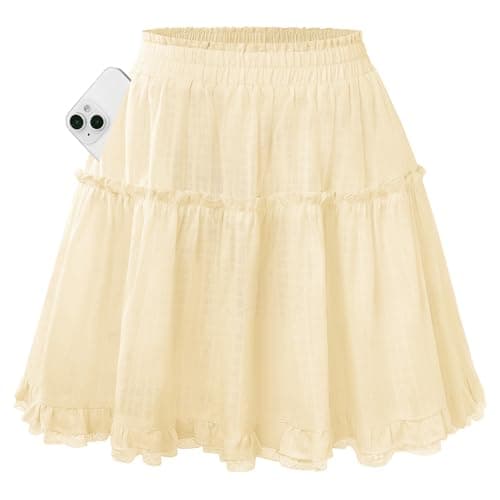 Kate Kasin Women Cotton Mini Skirts with Shorts Underneath, Ruffle Yellow Skirt Flowy, Lace Skorts with Pockets XL - Image 1
