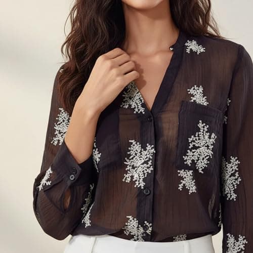 Women's Long Sleeve Sheer Floral Embroidered See Through Button Down Blouse Lightweight Boho V Neck Shirts Medium YG010 Black M - Thumbnail 3