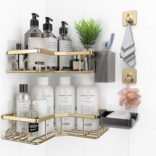 QHMCHLDZ Adhesive Shower Caddy, 6 Pack Corner Bath Organizer, Rustproof Stainless Steel Shower Shelves with Large Capacity, No Drilling Shelves for Bathroom Storage, Home, Kitchen Décor(Gold)