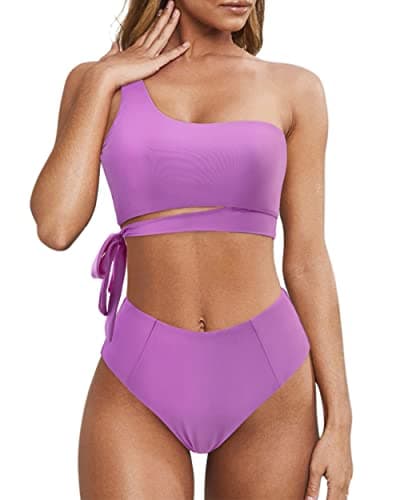 MOOSLOVER Women One Shoulder High Waisted Bikini Tie High Cut Two Piece Swimsuits(S,Purple) - Image 1
