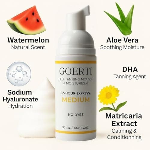 GOERTI Self Tanner Mousse & Tanning Brush Set – 1.5 Hour Express Sunless Tanner for Face & Body | Medium Shade, Long-Lasting & Natural Glow | Vegan DHA Formula, No Streaks, No Dyes, Gentle on Skin - Thumbnail 3