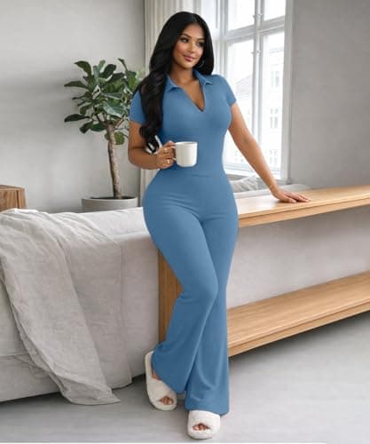 ABKY Two Piece Sets For Women Summer Ribbed Short Sleeve V Neck Polo Top Wide Leg Pants Set Casual Tracksuit Brunch Outfits Blue XL - Thumbnail 2