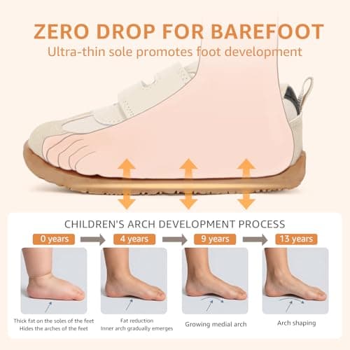WIDE TOE BOX Toddler Barefoot Shoes,Boys and Girls First Walking Shoe with Hook and Loop Non-Slip Baby Sneakers Beige White Size 5 - Thumbnail 4