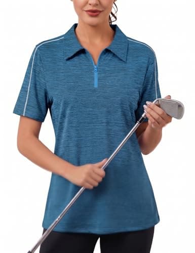 Hithymo Womens Golf Shirts, Collared Polo Shirt Short Sleeve 1/4 Zip Up Workout Tops Quick Dry Breathable Sweat-Wicking Running Golfing Apparel,Blue - Image 1