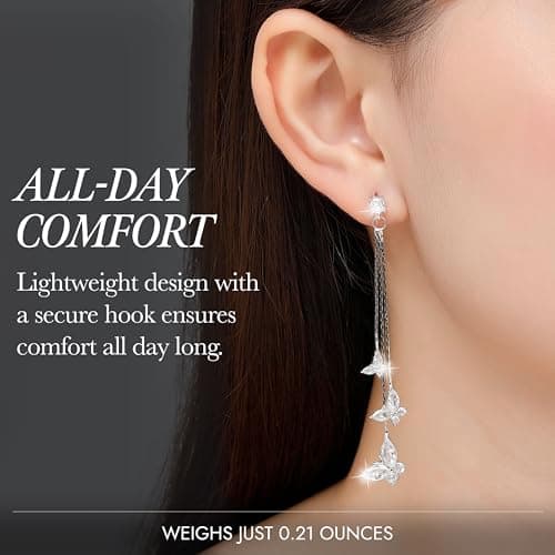 Kruckel Butterfly Dangle Earrings with Crystals (925 Sterling Silver) Includes Present Box – Hypoallergenic, Lightweight, Safe for Sensitive Skin - Thumbnail 3