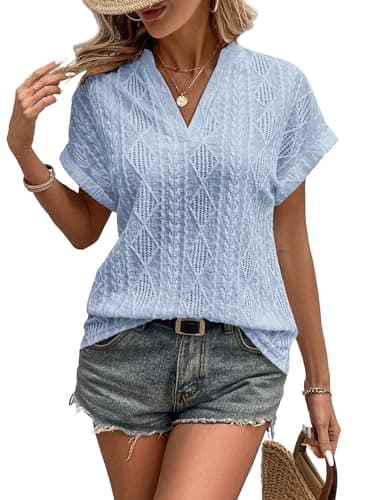 RICHSTORY Womens Summer Tops 2026 V Neck Short Sleeve Shirts Soft Textured Eyelet Work Top Spring Blouses for Women Dressy Casual Blue Small - Image 1