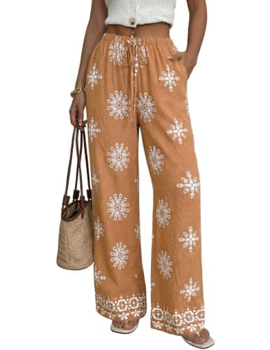 LOOKBOHO Women's Wide Leg Pants with Pockets High Waist Loose Casual Trousers Casual Pants with Pockets Khaki Floral L - Image 1