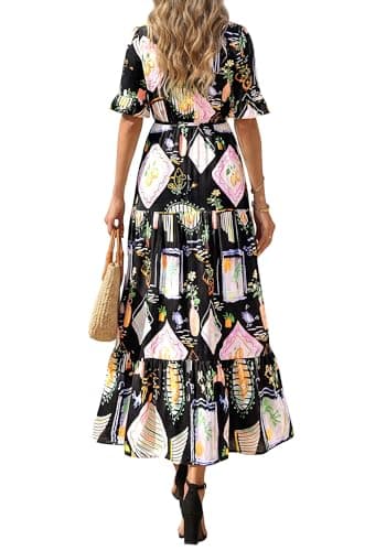 BTFBM Womens Summer Dresses 2026 Spring Casual Short Sleeve v Neck Boho Floral Flowy A-Line Tiered Maxi Dress Pockets(Floral Black Multi, X-Large) - Thumbnail 3