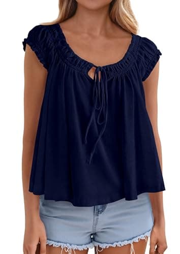 PRETTYGARDEN Women Babydoll Tops 2026 Summer Clothes Cap Sleeve Tie Front Flowy Tank Top Peplum Blouses Cute Going Out Shirts (Navy Blue,X-Small) - Image 1