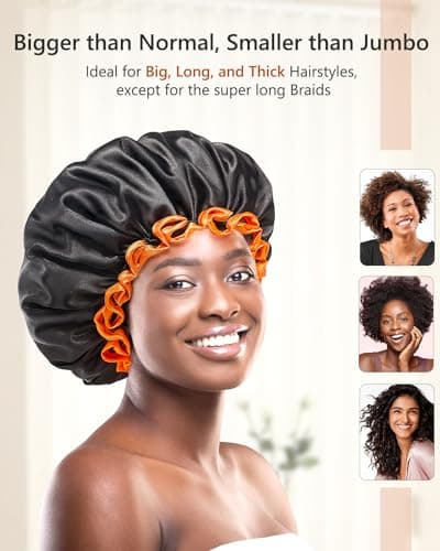 mikimini Large Shower Cap for Women Long Hair, Black, Reusable Waterproof Double Layers XL Washable Colorfast Odorless High-Quality Shower Cap for Men with Vibrant Orange Edge - Thumbnail 3