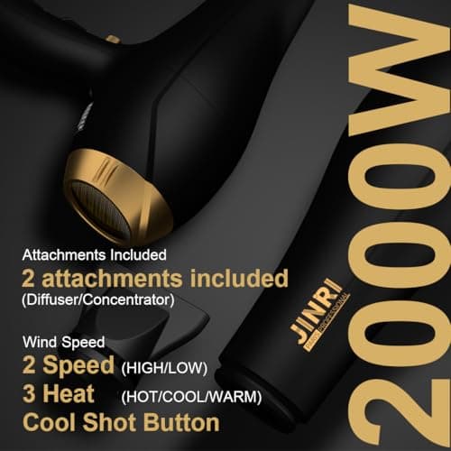 JINRI Hair Dryer - 2000W High-Speed AC Negative Ionic Blow Dryer for Salon & Personal Use – Powerful, with Diffuser & Nozzle for Women & Men, Black Gold - Thumbnail 4