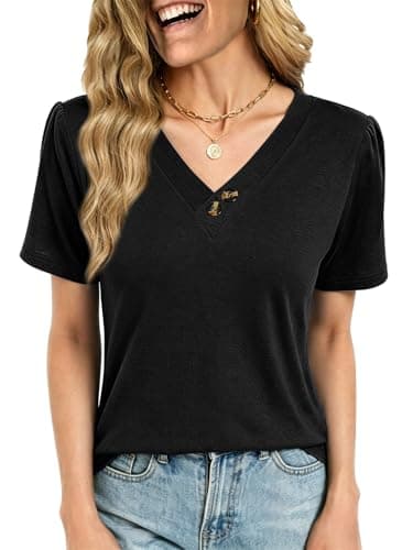 VUTRU Womens T Shirts Summer Tops and Blouses V Neck Puff Short Sleeve Tunic Business Casual Holiday Dressy Clothes, Black S - Image 1