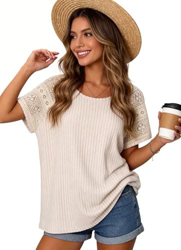 Pleneal Women's Short Sleeve Shirts Womens Summer Lace Tops Round Neck Dressy 2026 Spring Trendy Casual Business Clothes Apricot - Thumbnail 4