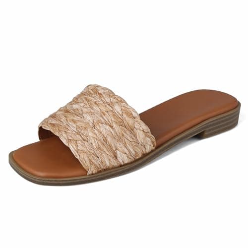 femflame Brown Women's Slide Sandals Espadrilles Flat Sandals for Women Slip on Beach Sandals Summer Casual Woven Shoes with Open Square Toe for Daily Dress Vacations Holiday - Image 1