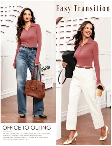 Meetrendi Women's Long Sleeve Business Casual Tops Collared V Neck Work Blouse Button Fitted Polo Shirts Rose XL - Thumbnail 4
