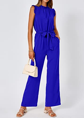 KIRUNDO Jumpsuits For Women Dressy Summer One Piece Sleeveless Ruffle Mock Neck Belt Pockets Formal Wide Leg Pants Romper(Royal Blue, Large) - Thumbnail 5