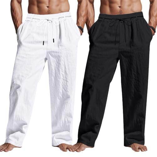 TRFIC Men's Linen Pants 2 Pack Lightweight Drawstring Elastic Waist Loose Fit Straight Leg Beach Yoga Pants with Pockets - Image 1