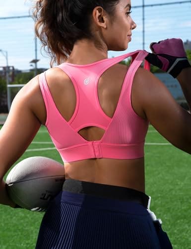 Cordaw Racerback Sports Bras for Women High Support, Molded Cup High Impact Hook Back Yoga Running Bra Peach Pink XL - Thumbnail 3