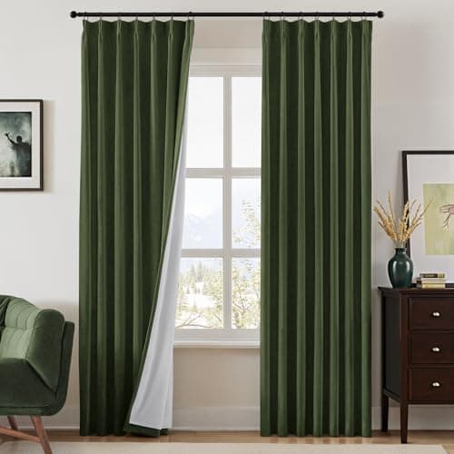 HOMEIDEAS Olive Green Pinch Pleated Curtains 100% Blackout,Linen Blend Luxury Thermal Insulated with Adjustable Hooks, for Living Room Bedroom Modern Farmhouse Decor, 40" Wx84 L 2 Panels