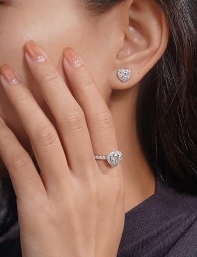 IMOLOVE Moissanite Stud Earrings Lab Created Moissanite Earrings in Sterling Silver Trendy Heart Halo Earrings for Women Men D Color Round Cut - Thumbnail 5