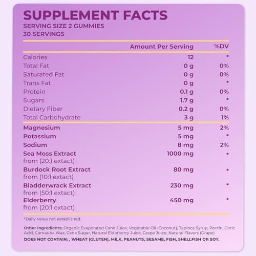 TrueSeaMoss Sea Moss Gummies with Elderberry, Burdock Root & Bladderwrack – for Adults & Kids 4+ – Fruity Flavor – 60 Gummies - Thumbnail 2