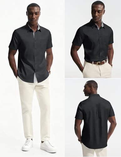 PJ PAUL JONES Mens Short Sleeve Casual Button Down Shirt Wrinkle Free Lightweight Dress Shirts Summer Black M - Thumbnail 2