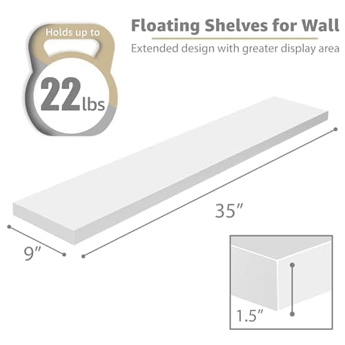 Sorbus Floating Shelves for Wall - 35 Inch Long Bathroom Shelves, Wall Decor for Bedroom, Kitchen, Living Room & Book Storage - Mounted Floating Shelf with Invisible Brackets (White, 3 Pack) - Thumbnail 3