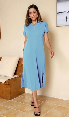 BEXIBOOM Women's Shirt Dress, Summer Maxi Dress with Sleeves, V Neck Collared Cap Sleeve Casual Long Dress with Pockets for Vacation Denim Blue-2XL - Thumbnail 2