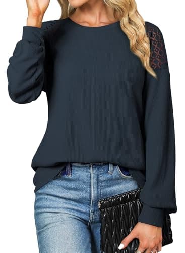 EVALESS Womens Long Sleeve Shirts Business Casual Work Lace Patchwork Spring Fall Tops for Women 2025 Trendy Crewneck Waffle Knit Basic Tee Loose Fit Ladies Tops and Blouses Clothes Blue Small - Thumbnail 2