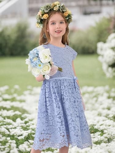ALLOVIN Girls & Toddlers Sleeveless A-Line Lace Party Dress Birthday Wedding & Flower Girl Dress with Beaded Bowknot | Blue | 2T - Thumbnail 5