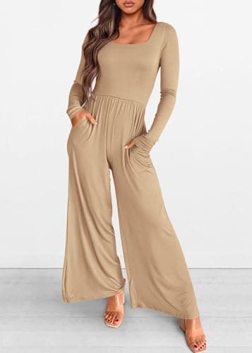 KIRUNDO Long Sleeve Jumpsuit for Women 2026 Spring Outfits Summer One Piece Square Neck Wide Leg Pants Romper With Pockets(Khaki, Large) - Thumbnail 3
