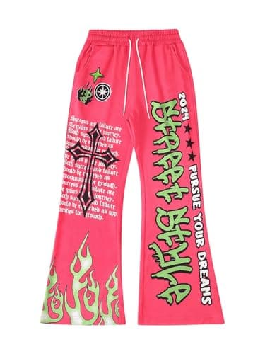 VIPWOLF Men's Wide Leg Sweatpants Baggy Flared Sweatpants Y2K Letter Graphic Drawstring Waist Joggers Pants Streetwear Hot Pink Large