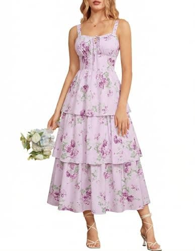 Wedding Guest Dresses for Women 2026 Sleeveless Floral Dress Lace Up Tiered Maxi Summer Sundress Purple Rose Size 8 - Image 1