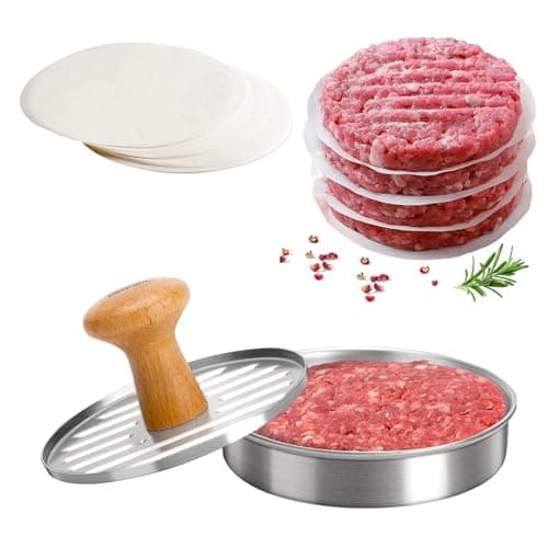 Cook Guy Burger Press 5" Hamburger Press Patty Maker – Non-Stick Hamburger Mold with 100 Patty Papers Set | 304 Stainless Mash Tool Smash for Meat Beyond Veggie Turkey Vegan Beef