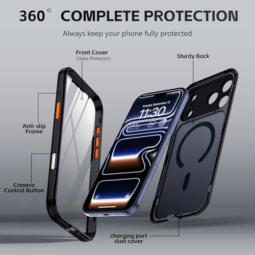 xiwxi Magnetic for iPhone 17 Pro Max Case(Compatible with Magsafe)(Water-Resistant)(Camera Control Button)(Mil-Grade Drop Protection) Translucent Matte Full-Body Shockproof Phone Cover,Black - Thumbnail 4
