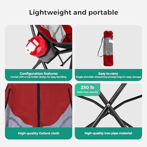 SUNNYFEEL High Red Camping Chair for Adults, Lightweight Camping Chair Support 250 lbs Heavy Duty, Compact Folding Chair Design, Portable & Collapsible Camping Chairs for Outdoor, Camp, Beach, Picnic - Thumbnail 3